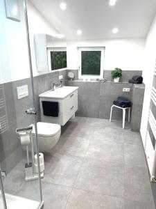 a bathroom with a toilet and a sink at Schuhhaus Biberger - Fewo Lukas in Schönau am Königssee +13 photos