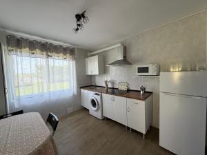 a kitchen with a white refrigerator and a microwave at La casita de llanda in Suances