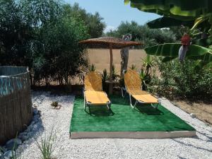 two chairs and an umbrella on a green rug at Mountain View Bungalows Dimilia in Fánai