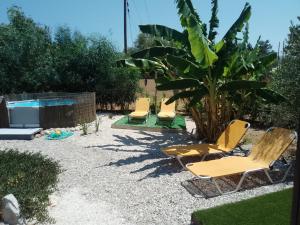 four lounge chairs and a palm tree next to a pool at Mountain View Bungalows Dimilia in Fánai