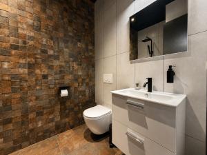 a bathroom with a white sink and a toilet at Filosoofi Suites in Tartu +68 photos