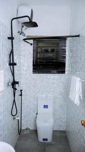 a white bathroom with a toilet and a shower at Wakanda Apartment in Mama
