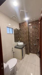 a bathroom with a toilet and a sink and a shower at Shareef Lodge in Murree +17 photos
