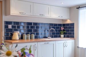 a kitchen with a sink and blue tiles on the wall at Spacious Cottage in Dartmoor in Hennock +11 photos