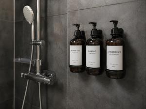 three bottles of soap on a wall in a bathroom at le Riviera in Aix-les-Bains +9 photos
