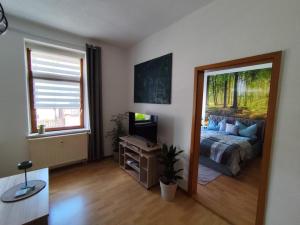 a bedroom with a bed and a television in it at NEU! Fereinwohnung Greim in Lengenfeld