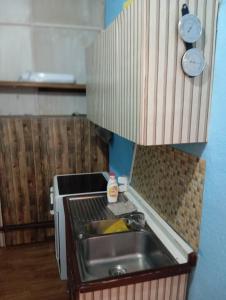 a kitchen with a sink and a microwave at Apartman Retro 2 in Žepče +16 photos