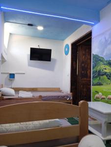 a room with two beds and a tv on the wall at Apartman Retro 2 in Žepče