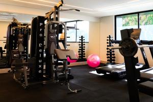 una palestra con molte attrezzature e una palla rosa di Hotel Mandu a Teresina