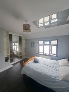 a bedroom with a large bed and two windows at wake up with 2 cats on your face in Dublin