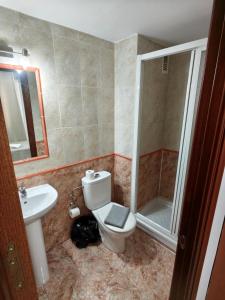 a bathroom with a toilet and a sink and a shower at H Arkanta in Arganda del Rey
