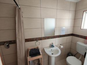 a bathroom with a sink and a toilet and a mirror at Prince and Pooch Self Catering in Windhoek +19 photos