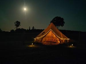 a tent with lights in a field at night at Le Nid des Prairies in La Chapelle-Engerbold