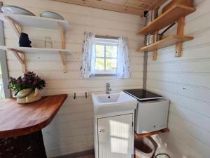 a small kitchen with a sink and a counter at Sandvikengården Stugby in Edane +56 photos