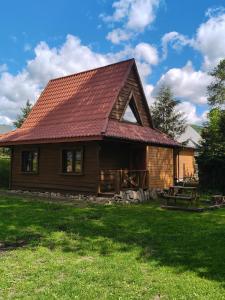 a log cabin with a red roof on a green field at Domek MAGELLAN Cisna 11 in Cisna