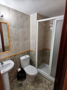 a bathroom with a toilet and a shower and a sink at H Arkanta in Arganda del Rey +2 photos