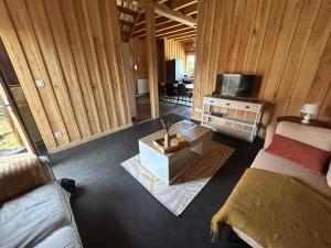 a living room with a couch and a tv at Golden Nest in Courteranges