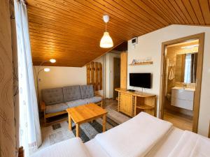 a living room with a couch and a television at Platán Panzió in Dobogoko