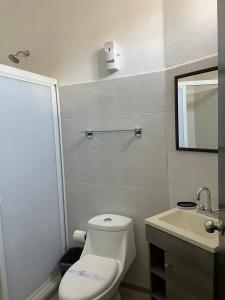 a bathroom with a white toilet and a sink at Apartment with Pool & Gym in Querétaro +7 photos