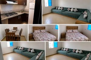 a collage of photos of a room with a couch and a bed at cosy and comfortable stay in Oued Laou