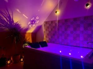 a purple room with two chairs and a table at maison climatisée à thème médiéval avec baignoire balnéothérapie in Sens +45 photos