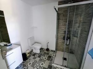 a bathroom with a toilet and a glass shower at Chambre d'hôte ColChris in Saint-Pierre-le-Vieux