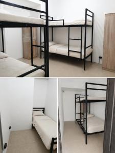 two pictures of a room with bunk beds at Urban hostel Saryarka in Astana