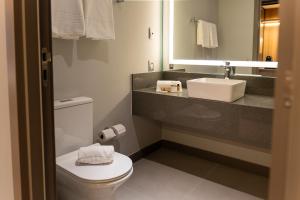 a bathroom with a toilet and a sink and a mirror at Laghetto Stilo Aeroporto in Porto Alegre