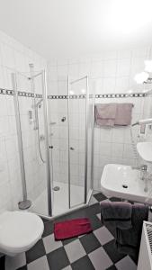 a bathroom with a shower and a sink at Gasthaus Schwarzer Adler in Holzgünz +27 photos