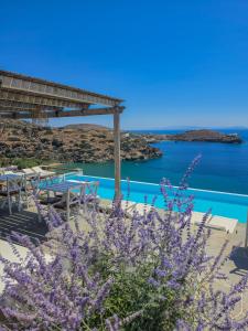 a view of the ocean from a patio with purple flowers at Paradise Place Sifnos in Chrisopigi