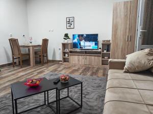 a living room with a couch and a table and a tv at Apartmani Peric Bogatic in Bogatić