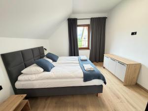 a bedroom with a bed with blue pillows and a window at Apartamenty Agro Roś in Pisz +85 photos