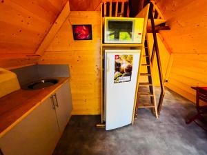 a refrigerator in a room with a microwave and stairs at Ecodomaine Chemins de Traverse in Auberive