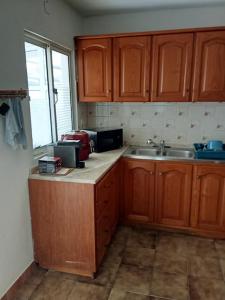 a kitchen with wooden cabinets and a sink at Ze Carlos Simoes in Mira