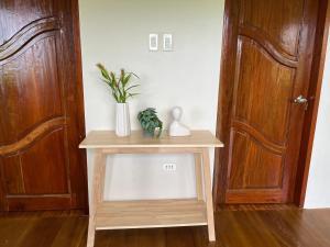 a table with a plant on it next to a door at Mystical Hidden Farmhouse in Camiguin
