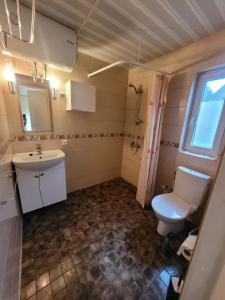 a bathroom with a sink and a toilet and a window at Purje in Pärnu