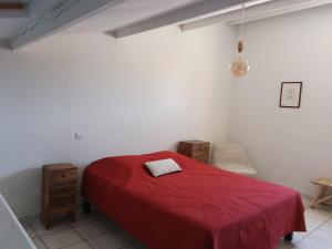 a bedroom with a red bed with a red blanket at Maria beach in San-Nicolao