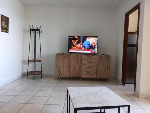 a living room with a flat screen tv on a wooden cabinet at Maria beach in San-Nicolao