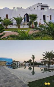 a white building with palm trees in front of it at Dar amiratou in Djerba
