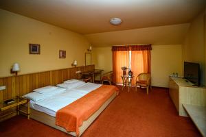 a bedroom with a large bed and a desk at Termálhotel Martfű in Martfů +21 photos