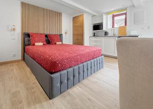 a bedroom with a large bed with red pillows at Les 4 AS de Jaunay, Le Cocon, Futuroscope in Jaunay-Clan