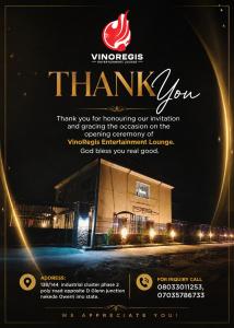 a flyer for a thanksgiving event with a building at Vinoregis Entertainment Lounge in Owerri +4 photos