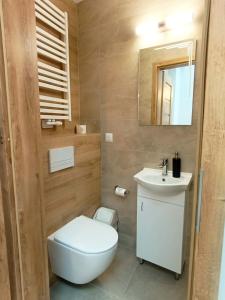 a bathroom with a white toilet and a sink at Hotelik Kościerzyna in Kościerzyna