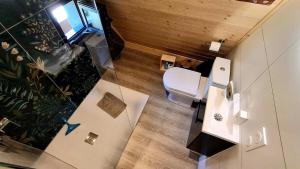 an overhead view of a bathroom with a toilet at LES CHALETS DE COYRON. in Coyron +12 photos