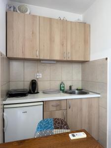 a small kitchen with wooden cabinets and a sink at Power view in Bečići
