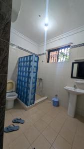 a bathroom with a shower and a toilet and a sink at Furaha House in Chukwani +42 photos