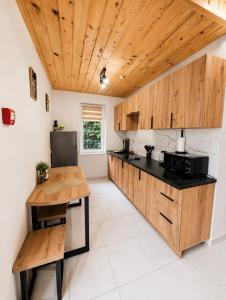 a kitchen with wooden cabinets and a black counter top at Апарт Стефанія in Skhidnitsa