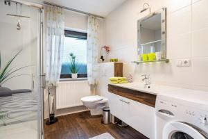 a bathroom with a toilet and a sink and a shower at Ferienwohnung Spatzennest in Arrach +13 photos