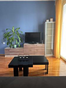 a living room with a coffee table and a flat screen tv at Zen Apartment in Kumanovo