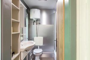 a bathroom with a white toilet and a sink at Ferienhaus 203 in Zadelsdorf +9 photos